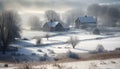 Winter landscape snow covered trees, frosty fog, abandoned hut mystery generated by AI