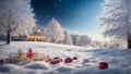 Winter landscape with snow covered trees and house in the background. Christmas background Royalty Free Stock Photo