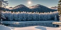 Winter landscape with snow covered trees and lake in mountains. Beautiful landscape. Panoramic view. Generative AI technology Royalty Free Stock Photo