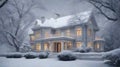 Winter landscape with snow covered trees and old house. 3D illustration Royalty Free Stock Photo