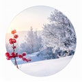 Winter Landscape with Snow Covered Trees and Red Berries in Sunlight Royalty Free Stock Photo