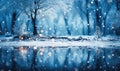 Winter landscape with snow-covered trees and reflections in the water Royalty Free Stock Photo