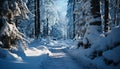 Winter landscape snow covered trees, tranquil scene, frozen footpath, slippery adventure generated by AI