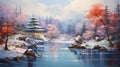 Winter Pagoda: A Serene Asian Landscape Painting