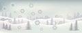 Winter landscape with snow flakes, hills, trees and houses. Christmas and New Year background. Vector illustration Royalty Free Stock Photo