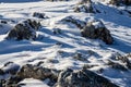 Winter Landscape. Snow on the ground, close up. Pattern. Snow and ice crystals, detail. Winter scene.Snowy slopes of high mountain