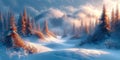 Winter landscape with snow hills and curved pines, creating an atmosphere of silence and tranqui