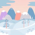 Winter landscape with snow, mountains, hills and fir trees. Cute picture for greeting cards, postcards, banners, posters Royalty Free Stock Photo