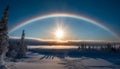 Winter landscape snow, tree, mountain, rainbow, tranquil scene, horizon generated by AI Royalty Free Stock Photo