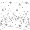 Winter landscape with snow. Vector black and white coloring page Royalty Free Stock Photo