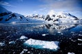 Winter landscape, snowcapped mountains reflecting in blue water, ice flows, Lemaire Channel near Paradise Bay Royalty Free Stock Photo