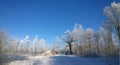 Winter landscape. Snowy winter road in the forest.