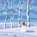 Winter landscape with a snowman with birds sitting on trees in flat cartoon design in vector illustration