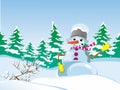 Winter landscape. Snowman with a bucket on his head. Royalty Free Stock Photo