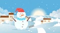 Winter landscape with snowman, cartoon flat frost village snowscape, funny snowman in red hat Royalty Free Stock Photo
