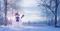 Winter landscape with Snowman, Christmas background Royalty Free Stock Photo