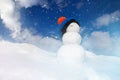 Winter landscape with a snowman and a snow-covered Christmas tree on a blue sky background Royalty Free Stock Photo