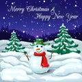 Winter landscape with snowman and snowfall. cute winter scene of snowy christmas night and smiling snowman in forest. merry