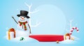 Winter landscape with snowy background, product banner, podium platform with snowman and present boxes. Royalty Free Stock Photo