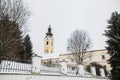 Winter landscape, snowy day, orthodox Grgeteg Monastery. Located in the village of Grgeteg on the mountain Fruska Gora in northern