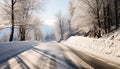 Winter landscape, snowy forest, icy road, vanishing point generated by AI