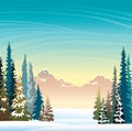 Winter landscape - snowy forest and mountains.