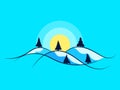 Winter landscape with snowy hills and fir trees. Landscape in line art style. Mountain sunrise in a minimalist style. View of the Royalty Free Stock Photo