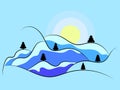Winter landscape with snowy hills and fir trees. Landscape in line art style. Mountain sunrise in a minimalist style. View of the Royalty Free Stock Photo