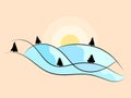 Winter landscape with snowy hills and fir trees. Landscape in line art style. Mountain sunrise in a minimalist style. View of the Royalty Free Stock Photo