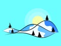 Winter landscape with snowy hills and fir trees. Landscape in line art style. Mountain sunrise in a minimalist style. View of the Royalty Free Stock Photo