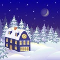 Winter landscape with snowy house