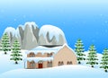 Winter landscape with snowy house and snow covered rocks Royalty Free Stock Photo