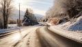 Winter landscape, snowy mountain, icy road, vanishing point generated by AI