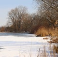 Winter landscape with snowy trees, beautiful frozen river and bushes at sunset. Winter forest. A colourful sky. Water in motion. Royalty Free Stock Photo