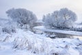 Winter landscape. Snowy trees on riverside. Cold frost weather. Hoarfrost on tree branches. Frosty nature background. Christmas Royalty Free Stock Photo