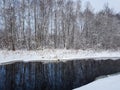 Winter landscape with snowy trees and unfrozen river.
