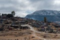 Winter landscape South Africa with snowcapped mountains and informal settlement in foreground Royalty Free Stock Photo
