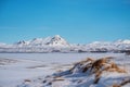 Winter Landscape, sow field with frozen lake and snow mountain with clear blue sky Royalty Free Stock Photo