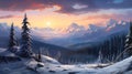 Winter landscape with spruce trees covered with snow, mountains and sunset. Royalty Free Stock Photo