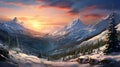 Winter landscape with spruce trees covered with snow, mountains and sunset. Royalty Free Stock Photo