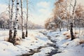 Winter landscape with a stream and birch trees in the snow. Generative AI Generative AI Royalty Free Stock Photo