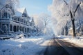 Winter landscape on the street with houses and roads covered with a lot of snow. Cold snowy weather. Generative AI