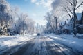 Winter landscape on the street with houses and roads covered with a lot of snow. Cold snowy weather. Generative AI Royalty Free Stock Photo