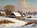 winter landscape, in the style of Flemish paintings AI generated Royalty Free Stock Photo