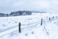 Winter landscape in the Sudetes, white snow covers the field and the forest surrounded by a fence Royalty Free Stock Photo