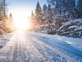 Winter landscape with sunbeams, forest and road