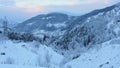 Winter landscape on sunrise in Adjara, caucasus mountains.Route to ski resort Goderdzi. Nature and river in Adjara mountains.