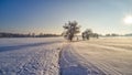 Winter landscape with a sunset casting a glow over a snow-covered field