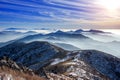 Winter landscape with sunset and foggy in Deogyusan mountains, Korea. Royalty Free Stock Photo