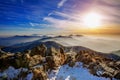 Winter landscape with sunset and foggy in Deogyusan mountains, Korea. Royalty Free Stock Photo